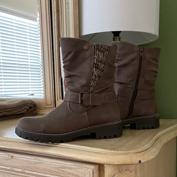 Cliffs by WHITE MOUNTAIN Shoes - Cliffs Dark Taupe Biker Boots with Knit Detail